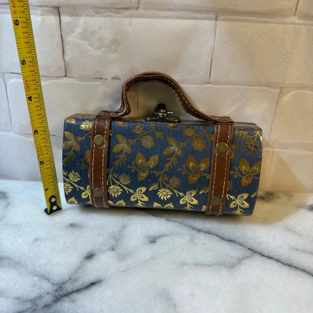 Vintage Style Mini Decorative Suitcase Blue Gold Floral Keepsake Box Trunk